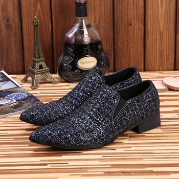 Christia Bella/ по-Големи Размери, мъжки модни вечерни обувки с остри пръсти, Класически мъжки Слипоны от Естествена Кожа с пайети, мъжки модел обувки