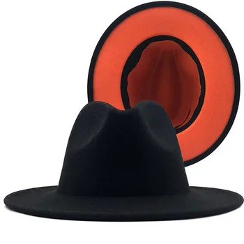 Обикновен черен с оранжево дъно мозайка Панама вълна фетр Джаз Fedora шапки за жени, мъже широката периферия на партията Каубойска шапка картежника шапка 