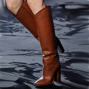 Arden Фуртадо/2021 г.; модни дамски обувки; елегантни дамски ботуши без шнур на не сужающемся надолу масивна обувки; ботуши до Коляното; големи размери; кафяви кожени обувки