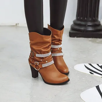 Дамски обувки JETT ДРАКОН, Новата зимна мода дамски обувки на високо средно ток с нитове и кръг пръсти, големи Размери, петата височина 8 см