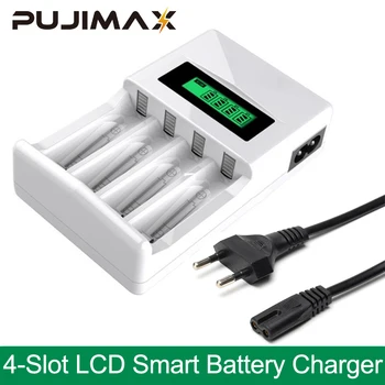 PUJIMAX 4 Слота Интелигентно Зарядно Устройство с LCD Дисплей САЩ/ЕС/обединено Кралство Жак За AAA/AA Ni-MH/Ni-Cd Акумулаторни Батерии С Кабел ac