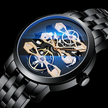 AILANG автентични часовници мъжки автоматично механични часовници кухи водоустойчив нови стоманени часовници с колан бизнес мъжки часовник