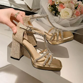Летни нови модни сандали на висок дебел ток с отворени пръсти, украсени с пайети, универсални кожени дамски обувки с пайети по поръчка