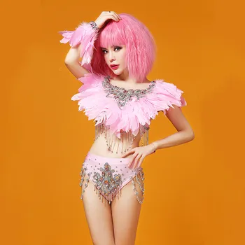 Z42 Розови костюми за състезателни танци с пера, костюми, за да се изяви dj, певица, рокли за изказвания, боди гого, секси бикини, дрехи за партита, дрехи