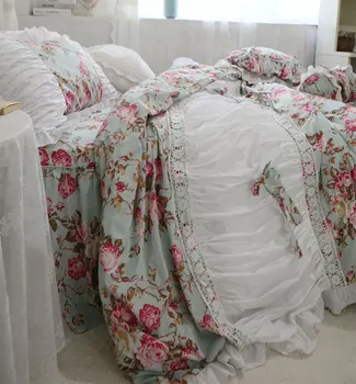 Романтична ретро пасторальный комплект спално бельо с рози, цветя, пълна кралица, крал, памук, двойно домашно текстилни покривки, калъфка за възглавница, чаршаф