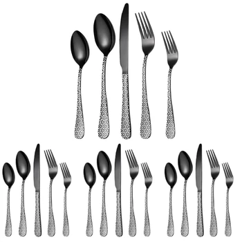Черен Комплект прибори за хранене от сребро, набор от прибори за хранене от неръждаема стомана, 20 парчета за 4 човека, комплект ножове, лъжици и вилици, за ресторант