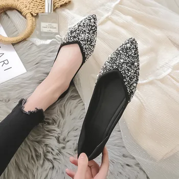 Дамски обувки на плоска подметка с остри пръсти, пролет 2021, Нова една стъпка конверсия на дамски обувки с малките пръсти, ежедневни обувки с диаманти