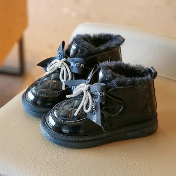 Детски зимни обувки за момичета 2022 г., Зимни Плътни Памучни топли бебешки Сладки Обикновена лъскавите Ботуши Принцеса с Лък, корейски Ботильоны за момичета
