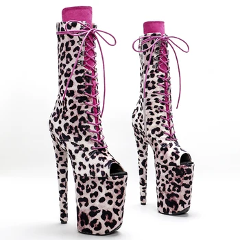 Leecabe 23 см/9 инча Леопардовые велурени обувки за танци на един стълб Моден Клуб етап обувки на Висок ток 4B