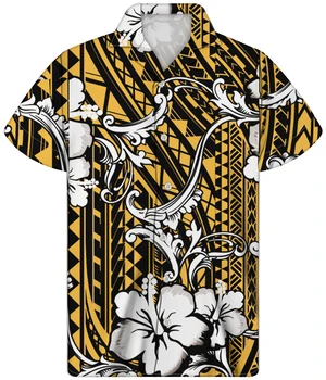 Най-Продаваните Мъжки Елегантни Блузи Полинезийски Tribal Златен Фон С Принтом Хибискус По Поръчка Мъжки Модни И Ежедневни Дрехи Ризи