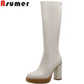 ASUMER/ Новост 2022 г.; дамски модни обувки на платформа и висок дебел ток; Зимни ботуши до коляното; Дамски обувки от естествена кожа