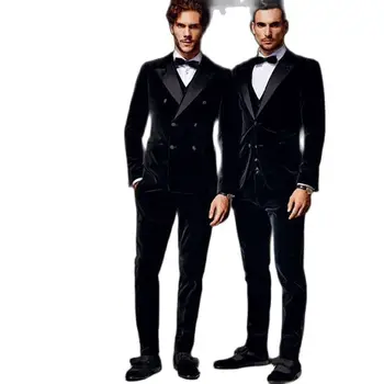 Мъжки костюми (яке + панталон + елек) Модни Двубортные мъжки Кадифе сватбени смокинги за булката, Младоженеца, Кума, терно