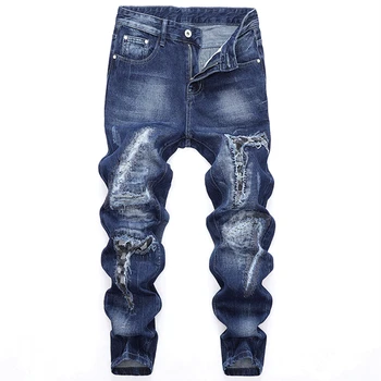 Мъжки Класически Сини дънки в стил хип-хоп, модерен панталон от Разкъсани тъкани със средна Талия, Градинска облекло