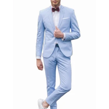 Комплекти Блейзеров, всеки ден на Модни Луксозни Бизнес Мъжки Костюми за Сватба, смокинги, Приталенные, с Ревера, Небето-синьо Мъжки костюми (Яке + панталон)