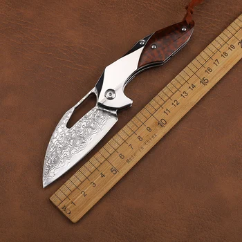 Дамаск Сгъваем Ловен Открит Къмпинг Оцеляване Змия Дървена Дръжка Спасителна EDC Инструмент Нож