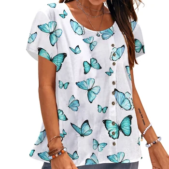 CLOOCL/ Женска тениска С Красиви Пеперуди, Тениски с 3D Принтом, Копчета, Украсени с Къс Ръкав, Летни Свободни Удобни Дамски Блузи