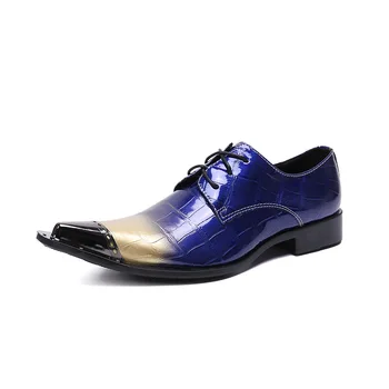 Нова лятна Ежедневни мъжки класически модни обувки на нисък ток с остър пръсти от телешка кожа син цвят, с змеиным модел Мъжки обувки