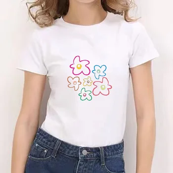 Висококачествени летни тениски с Къс ръкав и цветна принтом 2021 г., тениски с Кръгло деколте, Художествена градинска дрехи, Бели дамски Тениски с Кръгло деколте Kawaii