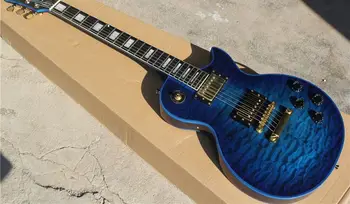 LP електрическа китара, облачен модел, голямо цвете-синьо, корпус, глава със син ръб, златни аксесоари - реални снимки, непостоянно и