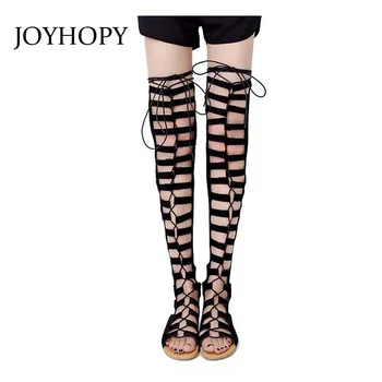 JOYHOPY/сандали-гладиатори от набук, модерни велурени дамски летни ботуши до бедрата, отворени ботуши над коляното на равна подметка, WP1350