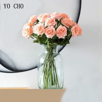 ЙО-ЧО 12 Гола Червена Роза Изкуствено Цвете от Коприна на Бели Изкуствени Рози Момента на Докосване на Сватбени Декорации Градина Фалшив Букет Цветя