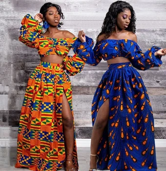 Дигитален Печат на Африкански Рокля Жените традиционно Облекло Модерен Костюм от Лен Топ С Деколте-Пола С Цепка Дълъг Ръкав Топ на Рамо + Пола