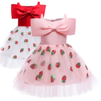 Рокля за момичета от 2 до 10 години, мрежести рокли Принцеса с ягоди и пайети рокля за парти в чест на рождения Ден, детско хубава рокля без презрамки