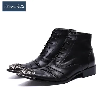 Christia Bella/Модни мъжки Ботильоны от естествена кожа, официални обувки с метален остър бомбе, мъжки къси ботуши Дантела, бизнес обувки-Оксфорд