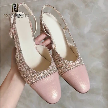 Пролет-лято нови розови плетени дамски сандали на дебел ток с шарките на Феите, дизайнерски Темпераментни дамски обувки-лодка на висок ток