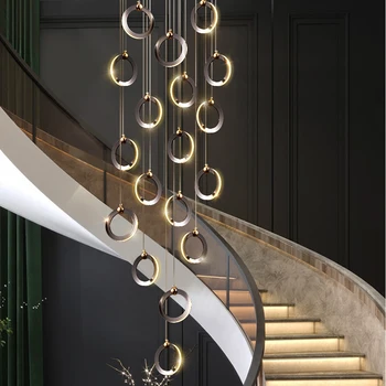 Стълбищна лампа дълга полилей двухуровневое изграждане на модерен минималистичен светлина луксозна вила творческа таванско помещение хол околовръстен полилей