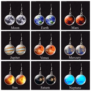 Обеци Solary System Луната, Марс, Земя, Юпитер, Стъклени Висящи Обеци с Кабошонами, Космическа Планета, Бижута, Висящи Обеци за Жени