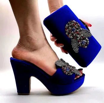Елегантни сини женски обувки в тон чантата в едно цвете с кристали в африканския стил, комплект от обувки-лодочек и чанти A1069, ток 9,5 см
