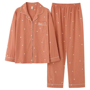 Памучни пижами дамски пролетно-есенни модели с дълги ръкави, по-големи размери, свободна годишна жена домашно облекло от две части с тънко нарязани