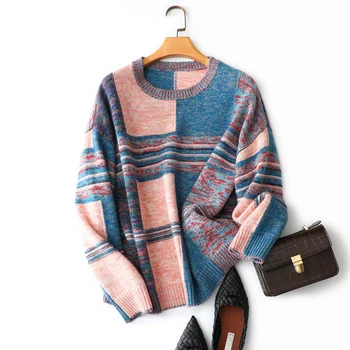 европейски моден, елегантен пуловер в стил мозайка, извънгабаритни есенно-зимния топъл мек висококачествен 100% вълнен пуловер, дамски трикотаж