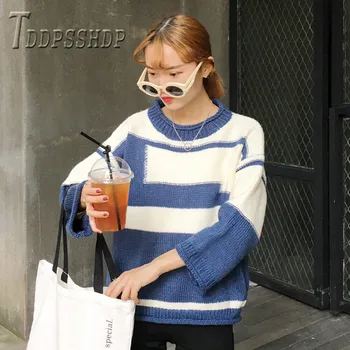 есенно-зимния женски пуловер в корейски стил, свободен пуловер с кръгло деколте, дамски пуловер райе в стил мозайка