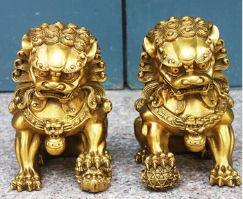 Сватбена украса Художествена колекция на Дома Фън Шуй 1 чифт Месинг Foo Du Куче статуя на лъв Метално занаят