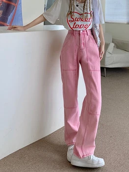 Shnsophi Корейски Розови Дънки Реколта Панталони Есен 2021 Женски С Висока Талия Преки Свободни Широки Панталони Модни Дънкови Дънки Мама