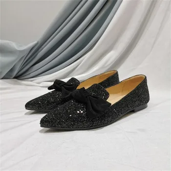 Пролетни Нови дамски обувки на плоска подметка с остри пръсти и пайети, Тънки Черни обувки без обков с Лък, женски прости модела обувки 2022