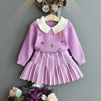 2020 Есенно-зимния Детски Вязаный Пуловер за момичета среден и малък размер, Вязаный комплект от две части с цветен модел