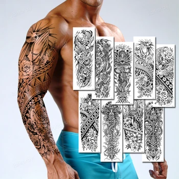 водоустойчив временна голяма татуировка на цялата ръка, секси боди-арт, мъжки татуировка на бедрото си, за възрастни, стикер, черен робот, тотем, фалшиви татуировки