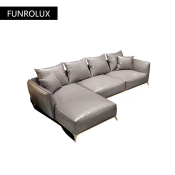 Модерен кожен диван на първия слой от телешка кожа голяма малък апартамент минималистичен ъглова кожена мека мебел за дневна