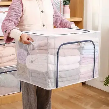 Водоустойчива кутия за съхранение на прозрачни домакински облекла за хотели, чекмедже за съхранение на завивки, сгъваема кутия за съхранение със стоманена рамка