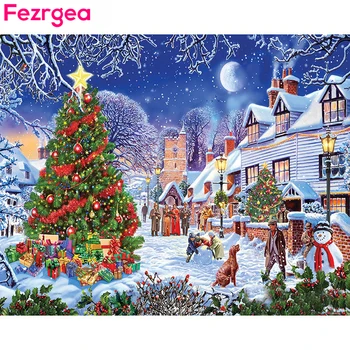 Fezrge 5D САМ Диамантена Живопис Селски Коледно Дърво 5D Бродерия на кръстат бод Мозайка от Планински Кристал Коледна декорация За Дома Подаръци