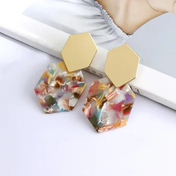 Горещите Модни Дамски Реколта Прости шестостенни метални обеци геометрични акрилни обеци с висулки от ацетатна плоча