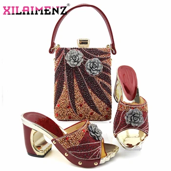2020 Италиански обувки в стила на свободното време на много висок ток с подходяща Чанта за Жени, Нигерийски обувки и чанта в Комплект Винен цвят