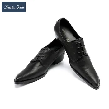 Christia Bella/ Мъжки черни обувки от естествена кожа в бизнес стил, мъжки официални обувки дантела с остър бомбе, мъжки вечер на модела обувки-Oxfords