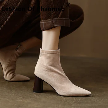 LeShion Of Chanmeb/ Дамски велурени обувки с Телесен цвят на Висок Дебел ток с остър пръсти с цип, черни велурени ботуши от овча кожа, дамски Офис Зимни обувки