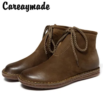 Careaymade -Есенни нови обувки с кръгло бомбе, зашити на ръка от мека естествена кожа, ежедневни плюшени обувки с къса тръба, обувки с мека подметка