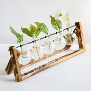 Прозрачна Стъклена Ваза За Цветя С Дървена Рамка, 5 Бутилки, Настолна Креативна Гидропонная Ваза За Растения За Дома