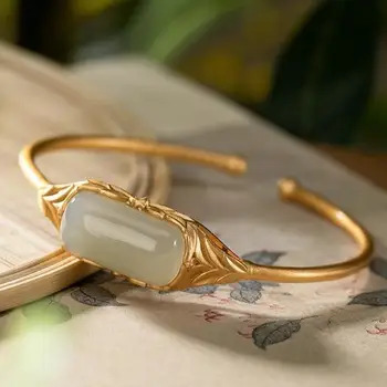 Дизайнерски уникална творческа геометрична форма на естествена Hotan нефритови гривна лек луксозен ретро темперамент дамски сребърни бижута